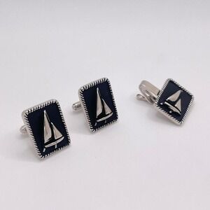 VTG Nautical Cufflinks Formal Accessory Set 70s Tie Clip Sailboat Prom Black Tie